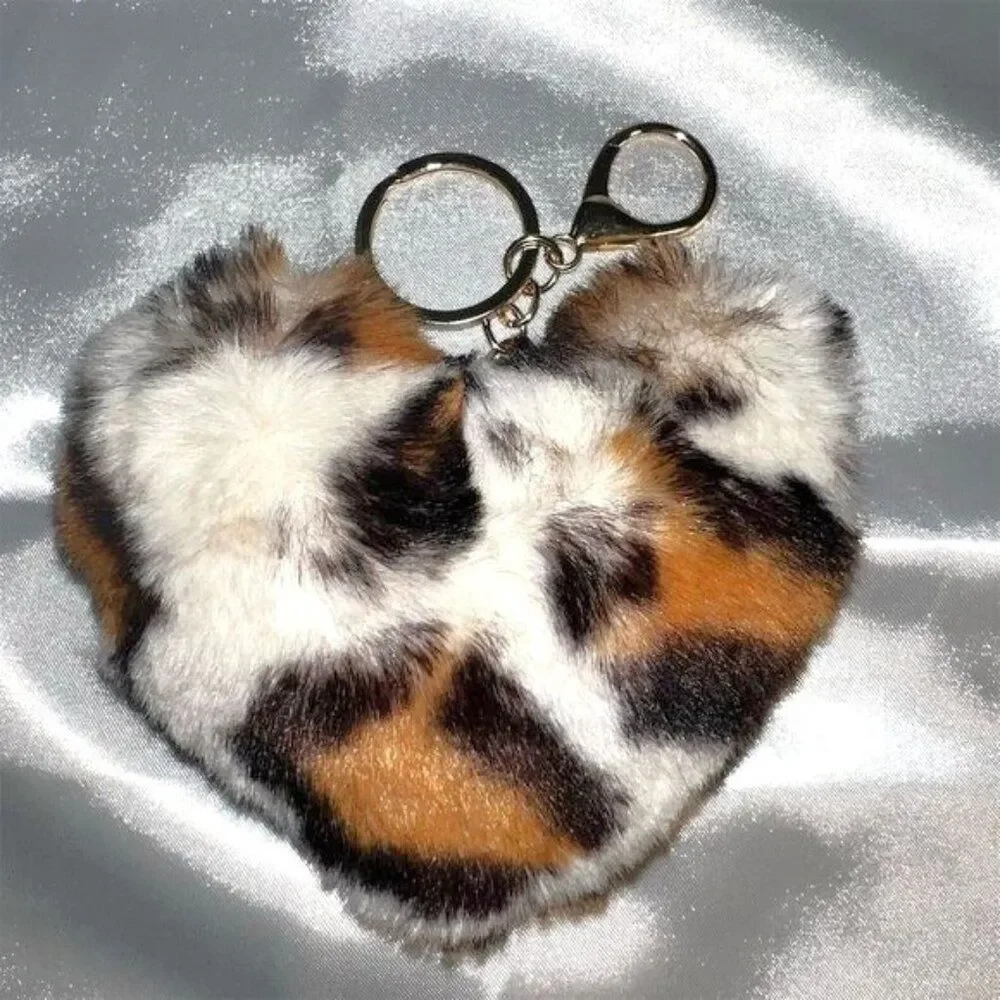 Leopard Print Heart Pom Pom Keychain Bag Charm Multicolor Unisex